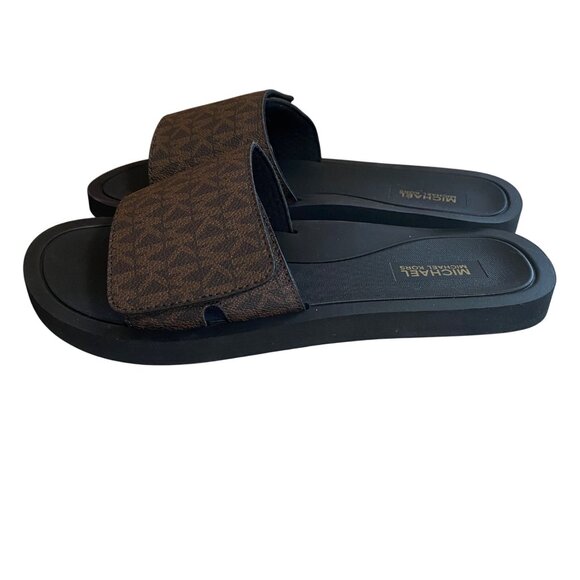 MICHAEL KORS Women's Size 8 Brown MK Signature Logo Print Wade Slide Sandals - Picture 2 of 9